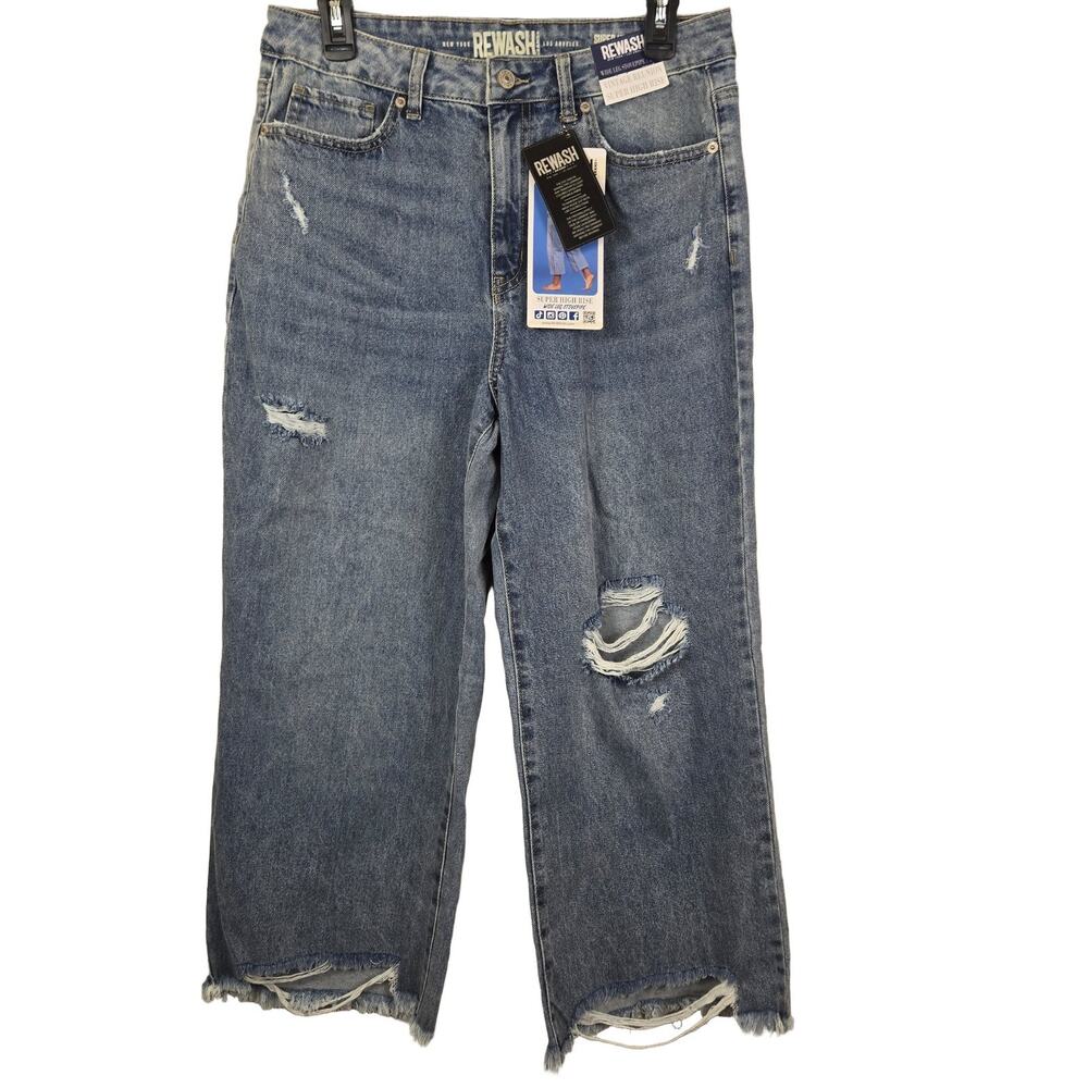 Rewash Vintage Reunion Jeans Super High Rise Wide Leg Distressed Blue Size 13 31